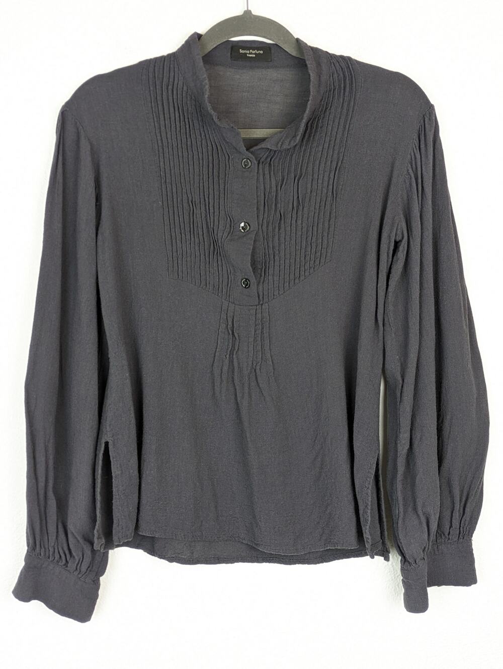 Sonia Fortuna Firenze Top Pleated Blouse Designer Charcoal Gray Italian Size S